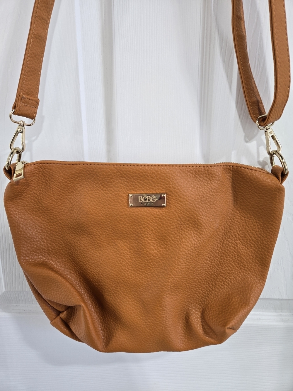 BCBG Cognac Tan Pebbled Crossbody Bag with Gold Hardware